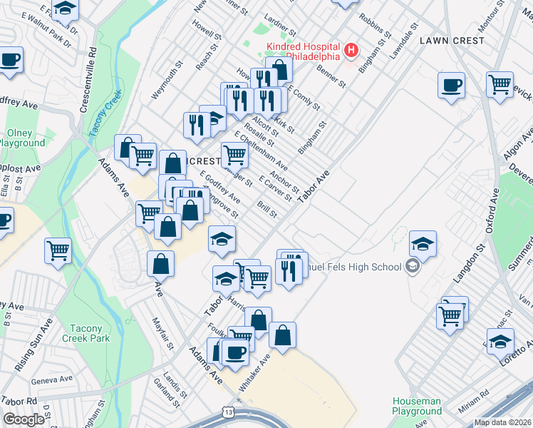 map of restaurants, bars, coffee shops, grocery stores, and more near 614 Sanger Street in Philadelphia