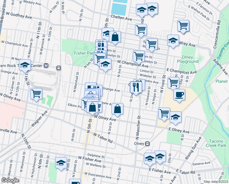 map of restaurants, bars, coffee shops, grocery stores, and more near 311 West Grange Avenue in Philadelphia