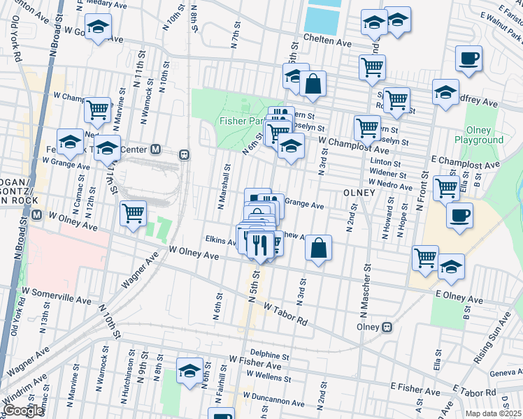 map of restaurants, bars, coffee shops, grocery stores, and more near 5761 North Fairhill Street in Philadelphia