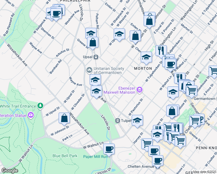 map of restaurants, bars, coffee shops, grocery stores, and more near 313 West Duval Street in Philadelphia