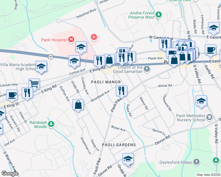 map of restaurants, bars, coffee shops, grocery stores, and more near 18 Beryl Road in Paoli