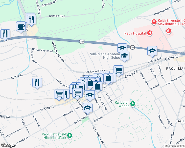 map of restaurants, bars, coffee shops, grocery stores, and more near 327 Old Lincoln Highway in Malvern