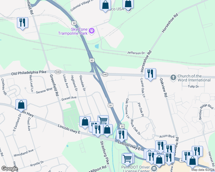 map of restaurants, bars, coffee shops, grocery stores, and more near 45 Midway Farms Lane in Lancaster