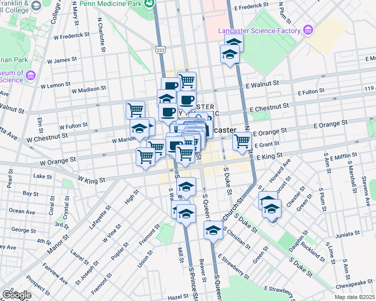 map of restaurants, bars, coffee shops, grocery stores, and more near 18 West Orange Street in Lancaster