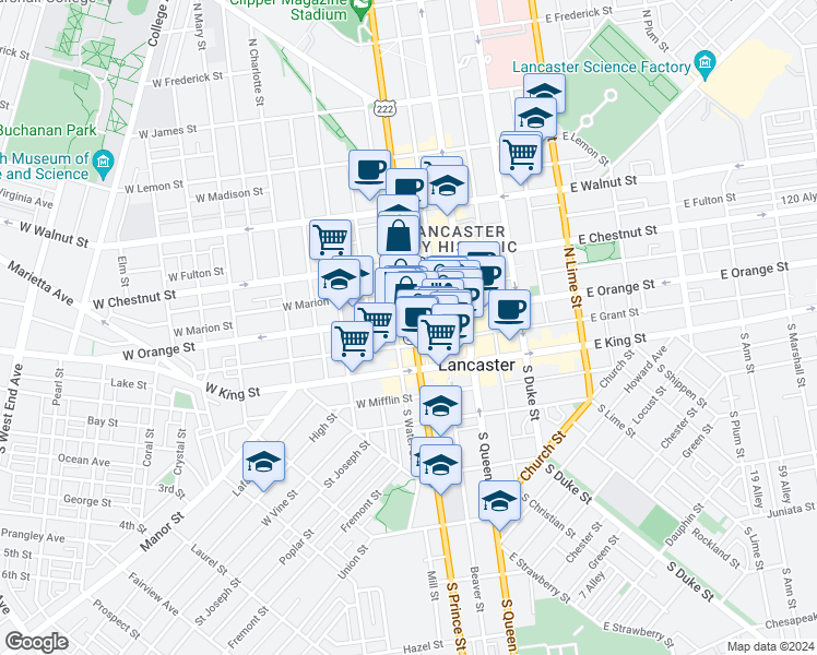 map of restaurants, bars, coffee shops, grocery stores, and more near 30 West Orange Street in Lancaster