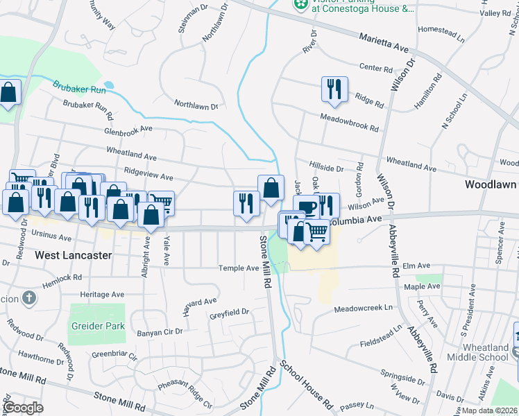 map of restaurants, bars, coffee shops, grocery stores, and more near 1533 Wilson Avenue in Lancaster