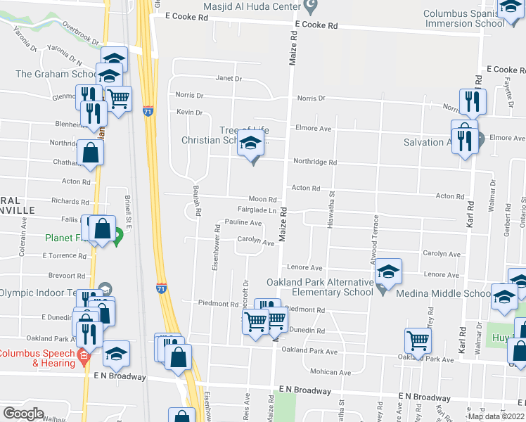map of restaurants, bars, coffee shops, grocery stores, and more near 939 Moon Road in Columbus