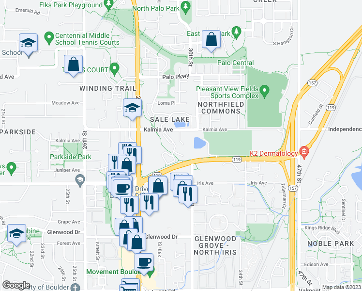 map of restaurants, bars, coffee shops, grocery stores, and more near 2938 Kalmia Avenue in Boulder