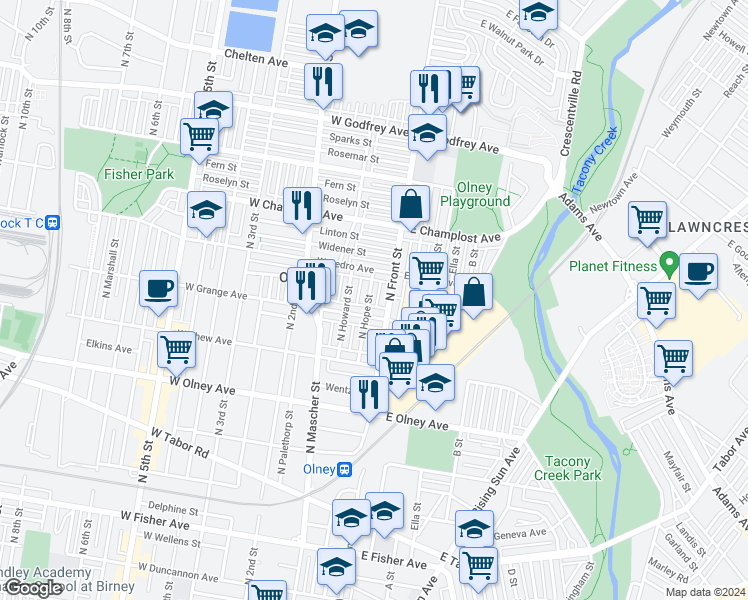 map of restaurants, bars, coffee shops, grocery stores, and more near 5823 North Hope Street in Philadelphia