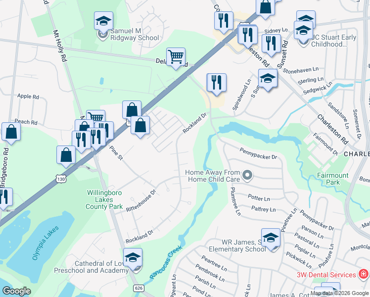 map of restaurants, bars, coffee shops, grocery stores, and more near 28 Rockland Drive in Willingboro