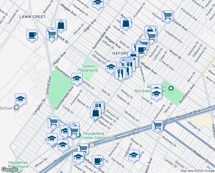 map of restaurants, bars, coffee shops, grocery stores, and more near 1301 Stirling Street in Philadelphia