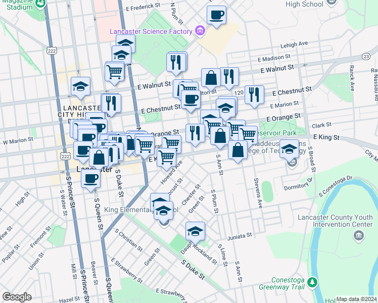 map of restaurants, bars, coffee shops, grocery stores, and more near 351 East King Street in Lancaster