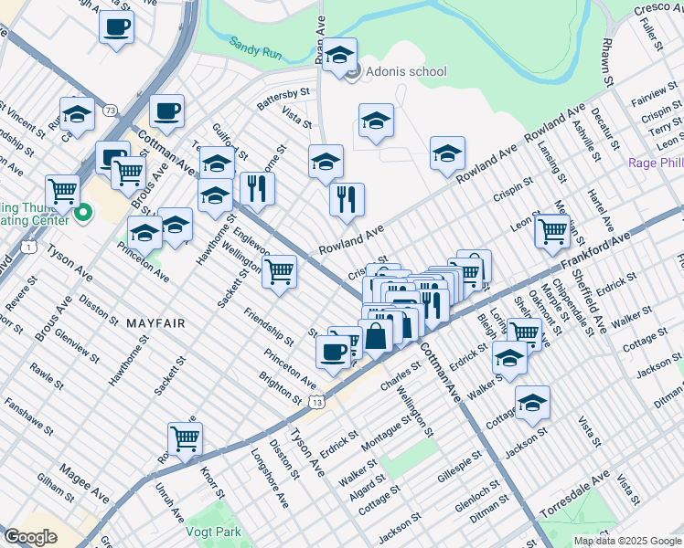 map of restaurants, bars, coffee shops, grocery stores, and more near 3349 Cottman Avenue in Philadelphia