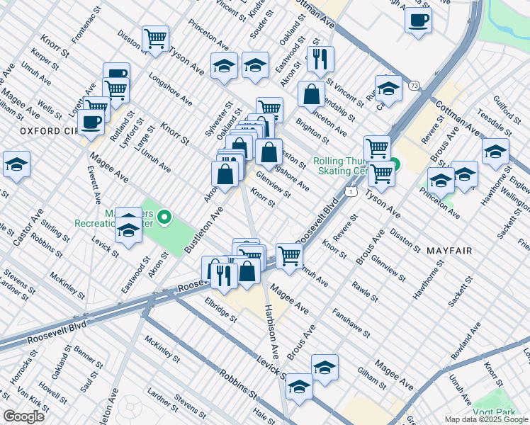map of restaurants, bars, coffee shops, grocery stores, and more near 6736 Leonard Street in Philadelphia