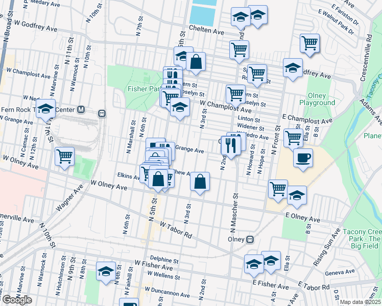 map of restaurants, bars, coffee shops, grocery stores, and more near 308 West Grange Avenue in Philadelphia