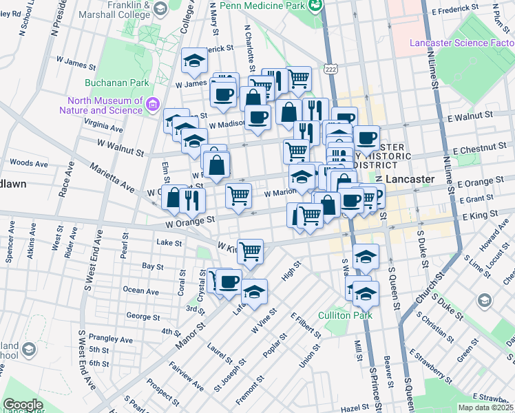 map of restaurants, bars, coffee shops, grocery stores, and more near 419 West Orange Street in Lancaster