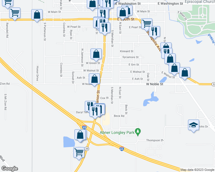 map of restaurants, bars, coffee shops, grocery stores, and more near 117 West Noble Street in Lebanon