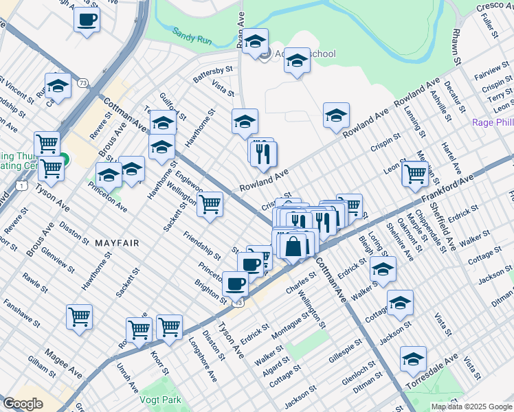 map of restaurants, bars, coffee shops, grocery stores, and more near 3349 Cottman Avenue in Philadelphia