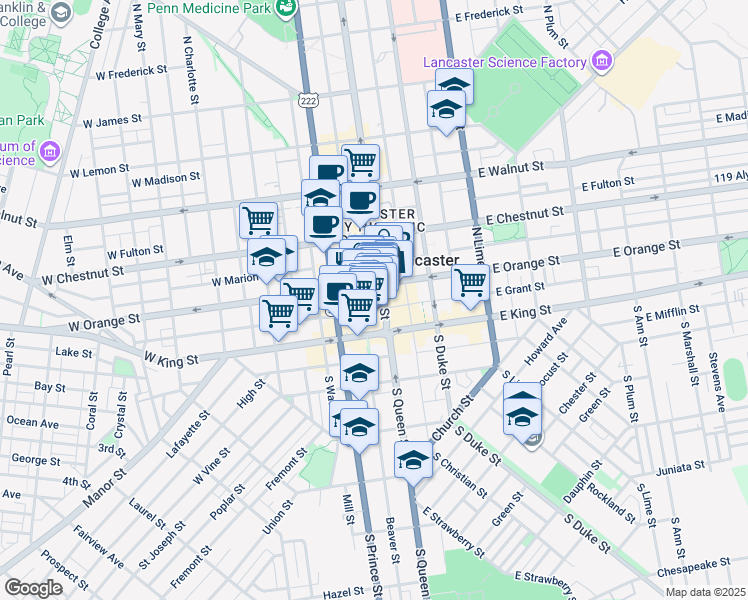 map of restaurants, bars, coffee shops, grocery stores, and more near 18 West Orange Street in Lancaster