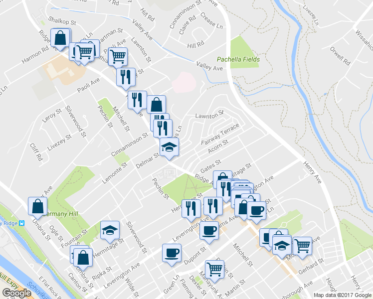 map of restaurants, bars, coffee shops, grocery stores, and more near 526 Fountain Street in Philadelphia