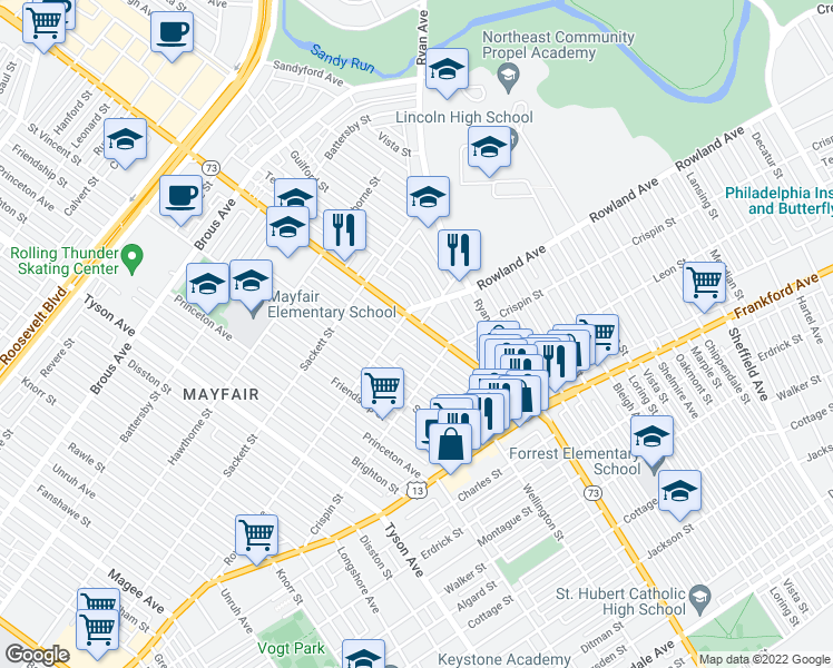 map of restaurants, bars, coffee shops, grocery stores, and more near 3318 Cottman Avenue in Philadelphia