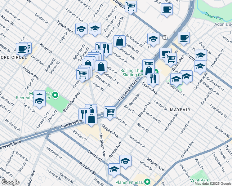 map of restaurants, bars, coffee shops, grocery stores, and more near 2238 Glenview Street in Philadelphia