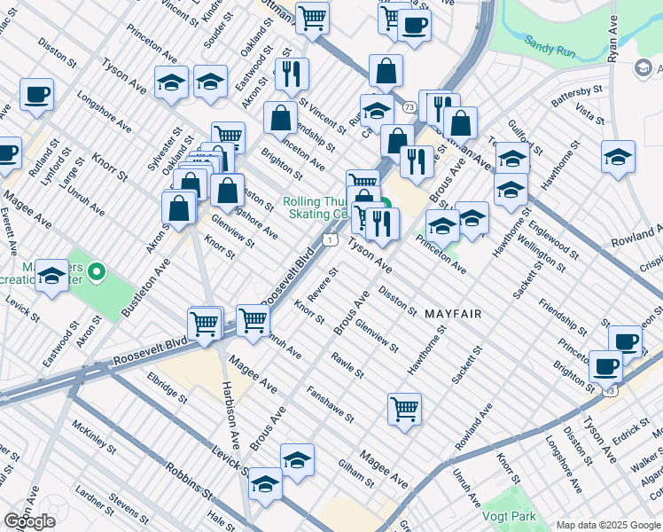 map of restaurants, bars, coffee shops, grocery stores, and more near 6928 Revere Street in Philadelphia