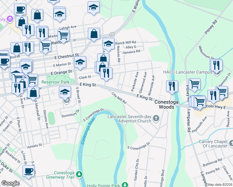 map of restaurants, bars, coffee shops, grocery stores, and more near 1035 East King Street in Lancaster