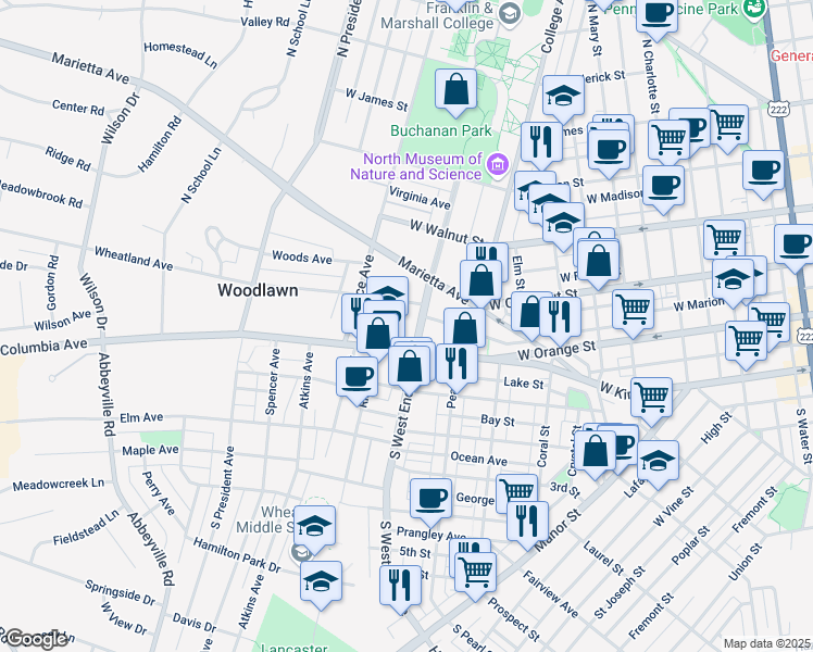map of restaurants, bars, coffee shops, grocery stores, and more near 917 Columbia Avenue in Lancaster