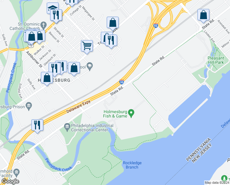 map of restaurants, bars, coffee shops, grocery stores, and more near 8501 State Road in Philadelphia