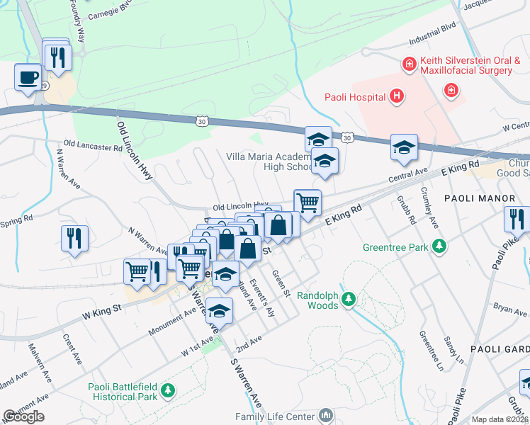 map of restaurants, bars, coffee shops, grocery stores, and more near 363 East Broad Street in Malvern