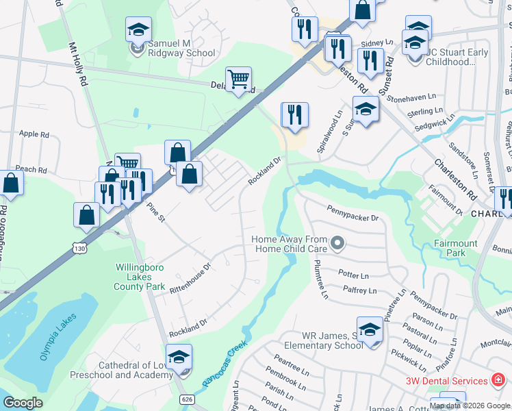 map of restaurants, bars, coffee shops, grocery stores, and more near 8 Ridgeview Place in Willingboro