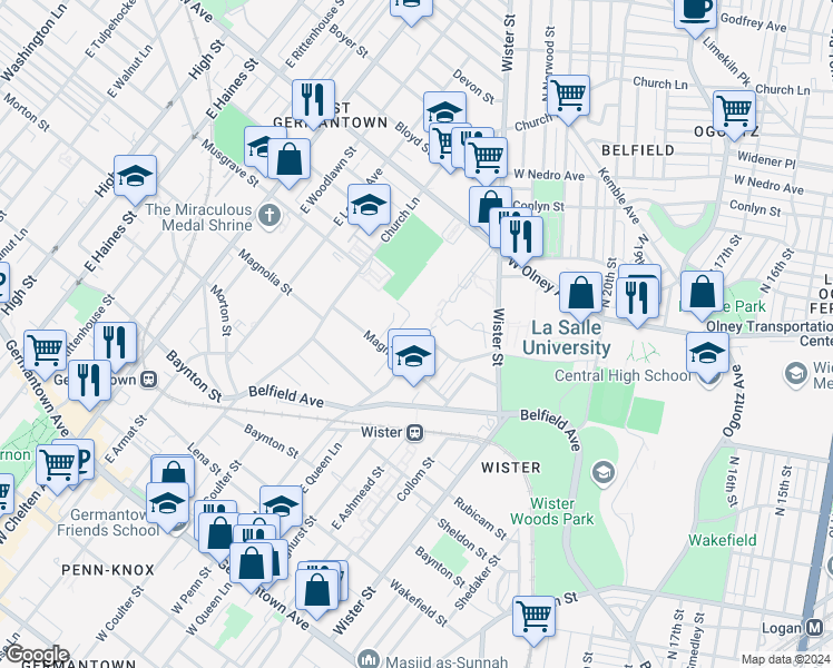 map of restaurants, bars, coffee shops, grocery stores, and more near 537 East Penn Street in Philadelphia