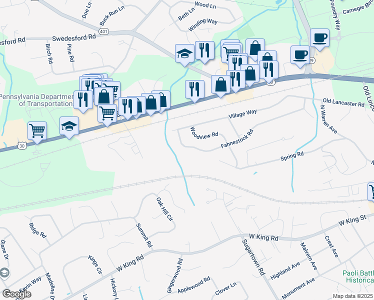 map of restaurants, bars, coffee shops, grocery stores, and more near 68 Fahnestock Road in Malvern