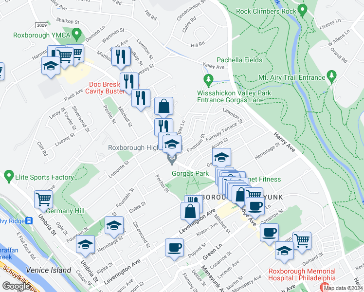 map of restaurants, bars, coffee shops, grocery stores, and more near 517 Overlook Road in Philadelphia