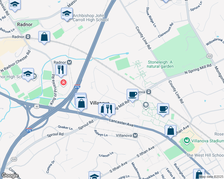 map of restaurants, bars, coffee shops, grocery stores, and more near 236 Hilldale Road in Villanova