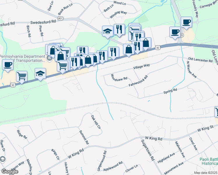 map of restaurants, bars, coffee shops, grocery stores, and more near 68 Fahnestock Road in Malvern