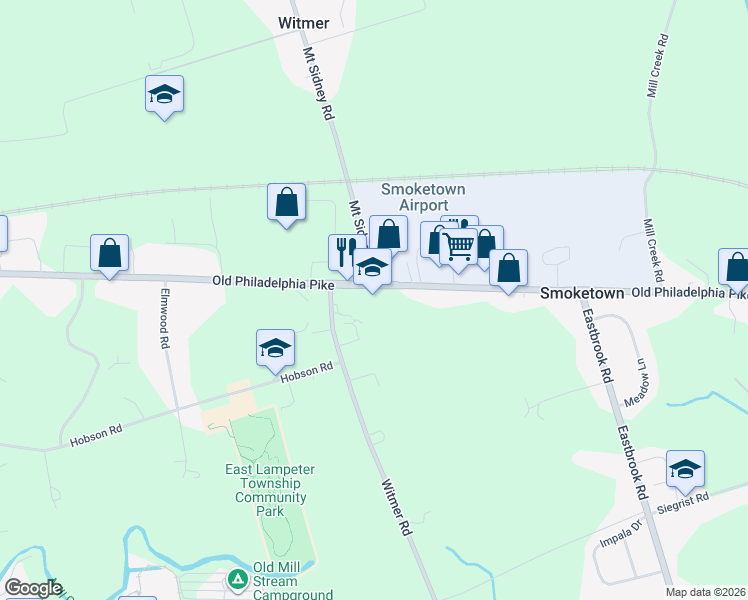 map of restaurants, bars, coffee shops, grocery stores, and more near 2426 Old Philadelphia Pike in Lancaster