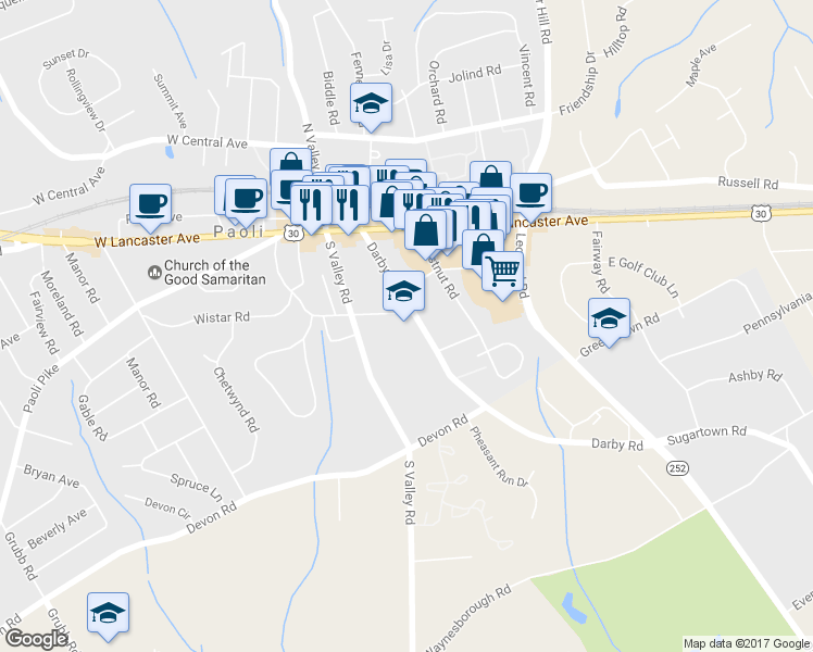 map of restaurants, bars, coffee shops, grocery stores, and more near 38 E Circular Ave in Paoli