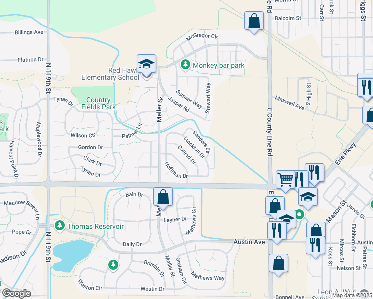 map of restaurants, bars, coffee shops, grocery stores, and more near 355 Conrad Drive in Erie