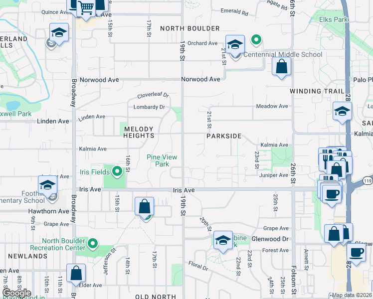 map of restaurants, bars, coffee shops, grocery stores, and more near 3575 19th Street in Boulder