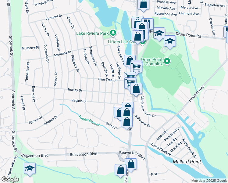 map of restaurants, bars, coffee shops, grocery stores, and more near 215 Huxley Drive in Brick