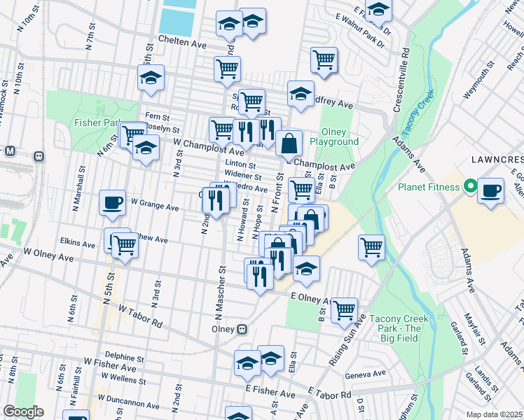 map of restaurants, bars, coffee shops, grocery stores, and more near 5839 North Hope Street in Philadelphia