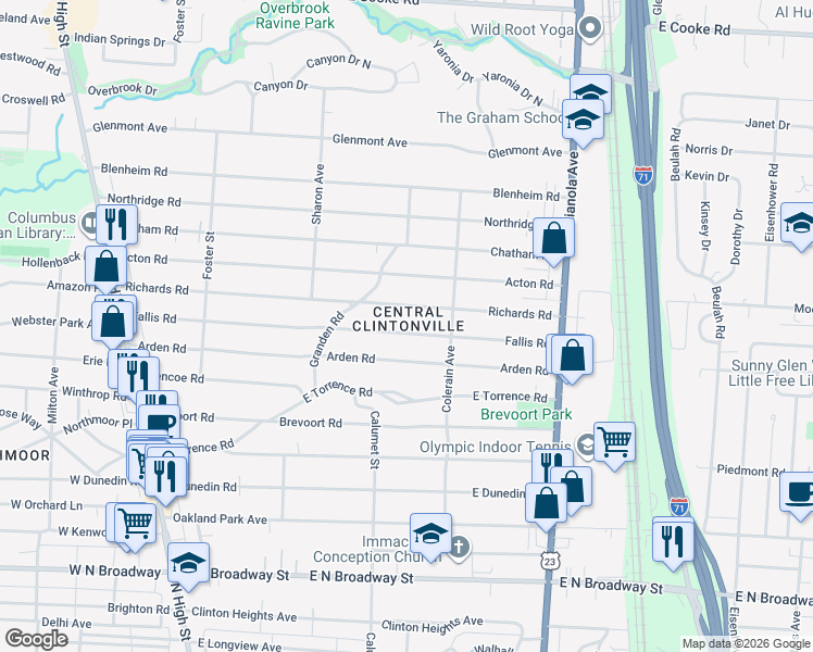 map of restaurants, bars, coffee shops, grocery stores, and more near 393 Richards Road in Columbus