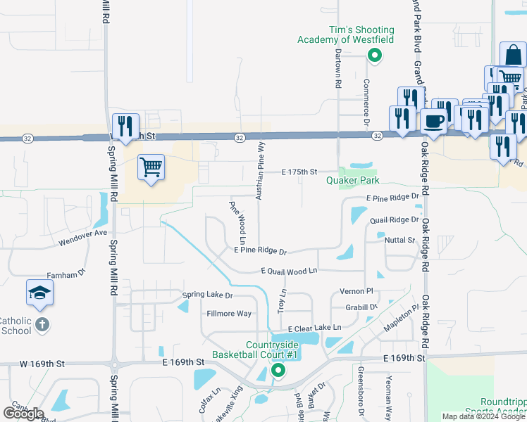 map of restaurants, bars, coffee shops, grocery stores, and more near 17373 Austrian Pine Way in Westfield