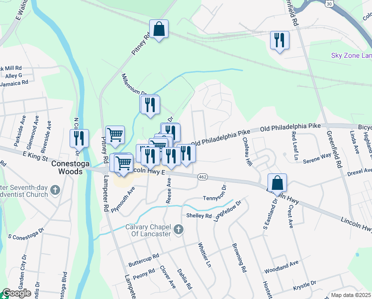 map of restaurants, bars, coffee shops, grocery stores, and more near 24 Michigan Avenue in Lancaster