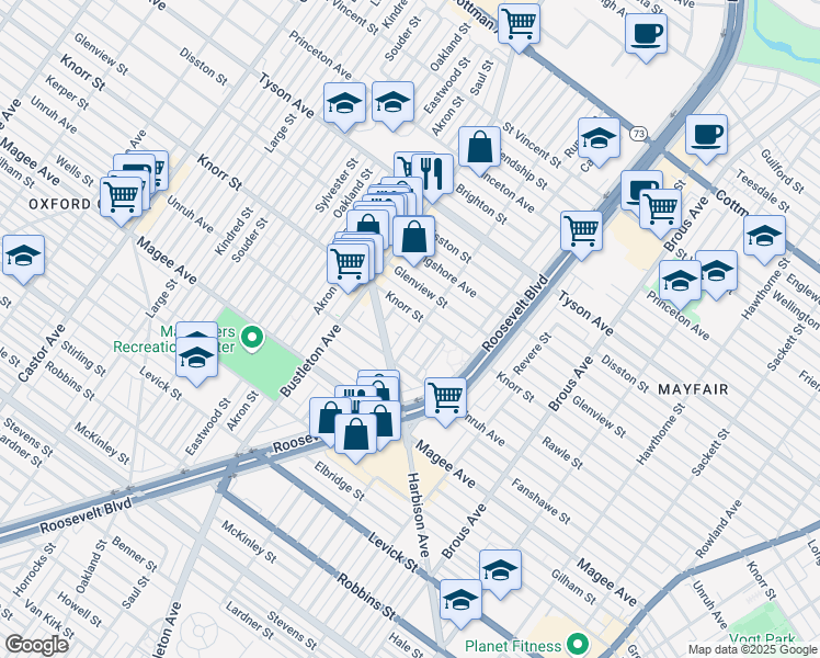 map of restaurants, bars, coffee shops, grocery stores, and more near 6740 Leonard Street in Philadelphia