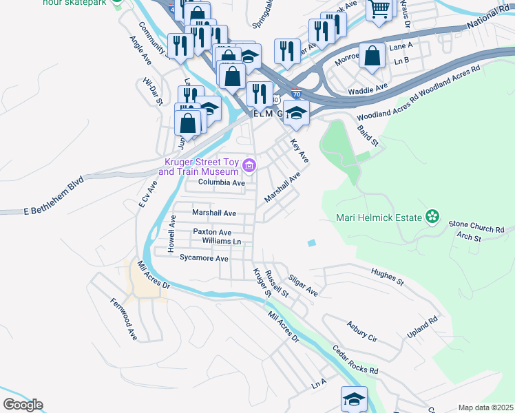 map of restaurants, bars, coffee shops, grocery stores, and more near 151 Kruger Street in Wheeling