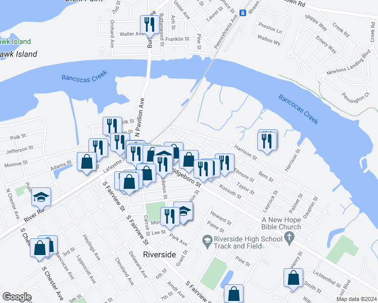 map of restaurants, bars, coffee shops, grocery stores, and more near 221 Taylor Street in Riverside