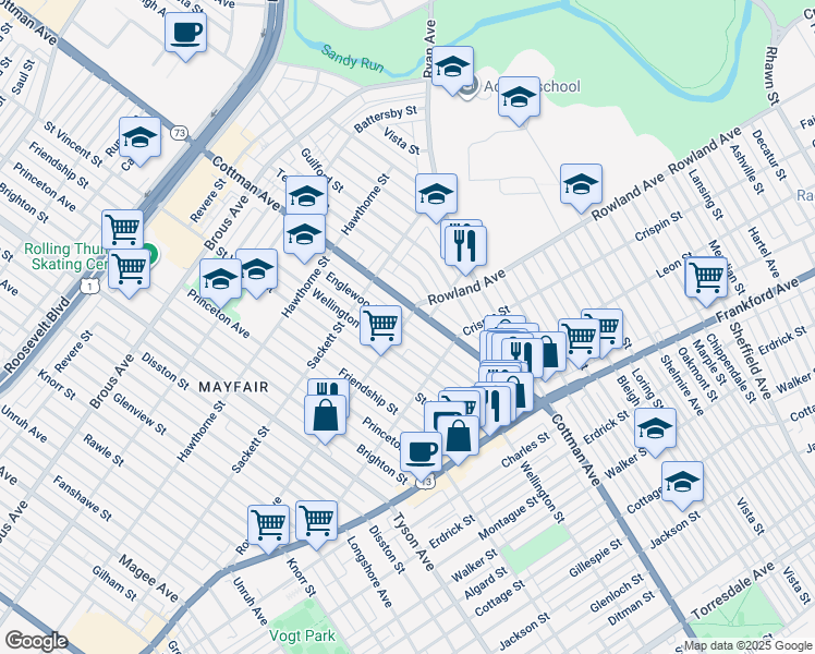 map of restaurants, bars, coffee shops, grocery stores, and more near 3301 Englewood Street in Philadelphia